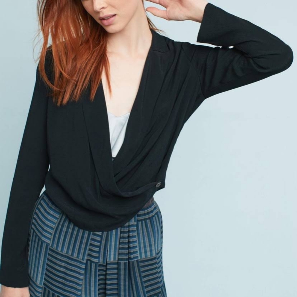 Anthropologie Ettitwa Black Wrap Front V Neck Long Sleeve blouse size 2/XS
